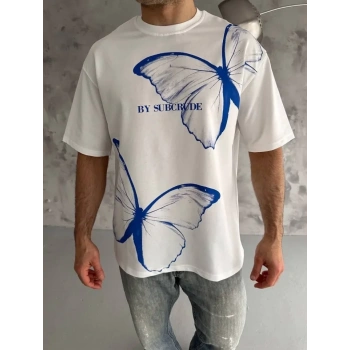 Unisex Bisiklet Yaka Baskılı Oversize Thirt  Beyaz