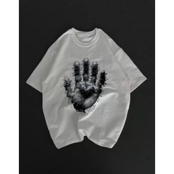 Unisex Bisiklet Yaka Baskılı Oversize Thirt  Beyaz