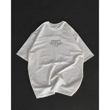 Unisex Bisiklet Yaka Baskılı Oversize Thirt  Beyaz