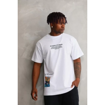 Unisex Bisiklet Yaka Baskılı Oversize Thirt  Beyaz