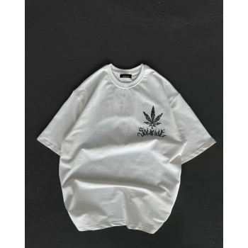 Unisex Bisiklet Yaka Baskılı Oversize Thirt  Beyaz