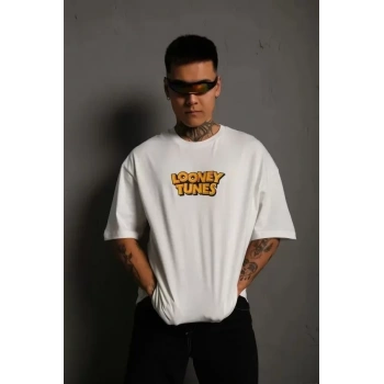 Unisex Bisiklet Yaka Baskılı Oversize Thirt  Beyaz