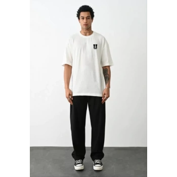 Unisex Bisiklet Yaka Baskılı Oversize Thirt  Beyaz