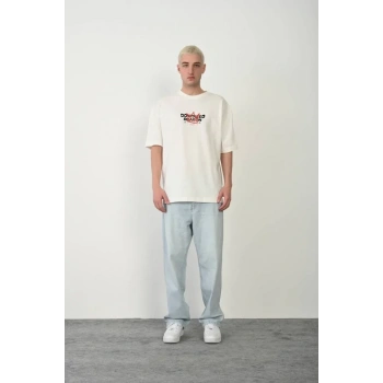 Unisex Bisiklet Yaka Baskılı Oversize Thirt  Beyaz