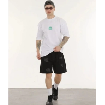 Unisex Bisiklet Yaka Baskılı Oversize Thirt  Beyaz