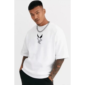 Unisex Bisiklet Yaka Baskılı Oversize Thirt  Beyaz