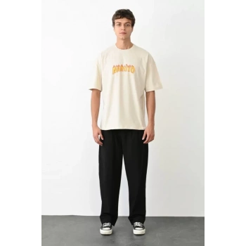 Unisex Bisiklet Yaka Baskılı Oversize Thirt  Beyaz