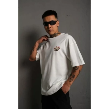 Unisex Bisiklet Yaka Baskılı Oversize Thirt  Beyaz