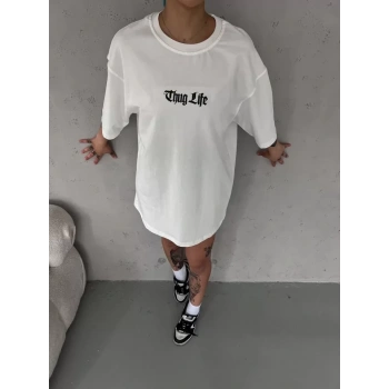 Unisex Bisiklet Yaka Baskılı Oversize Thirt  Beyaz