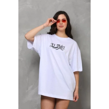 Unisex Bisiklet Yaka Baskılı Oversize Thirt  Beyaz