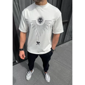 Unisex Bisiklet Yaka Baskılı Oversize Thirt  Beyaz