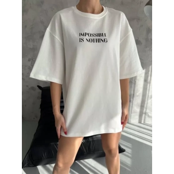 Unisex Bisiklet Yaka Baskılı Oversize Thirt  Beyaz
