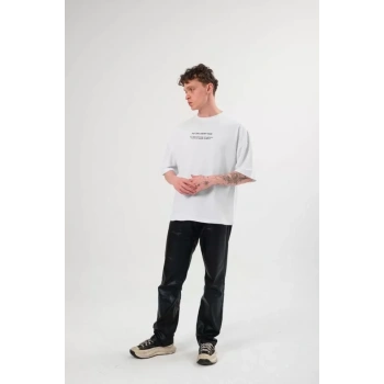 Unisex Bisiklet Yaka Baskılı Oversize Thirt  Beyaz