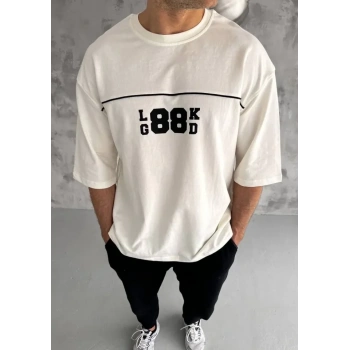 Unisex Bisiklet Yaka Baskılı Oversize Thirt  Beyaz