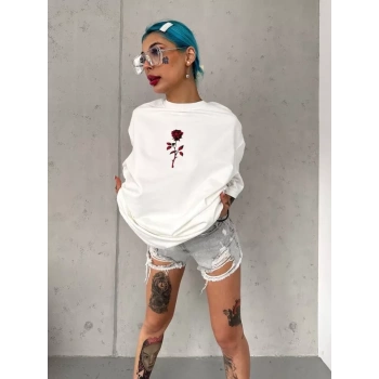 Unisex Bisiklet Yaka Baskılı Oversize Thirt  Beyaz