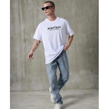 Unisex Bisiklet Yaka Baskılı Oversize Thirt  Beyaz