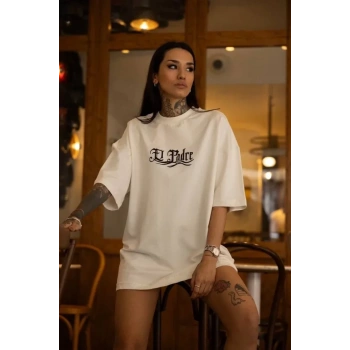 Unisex Bisiklet Yaka Baskılı Oversize Thirt  Beyaz