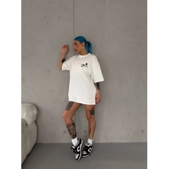Unisex Bisiklet Yaka Baskılı Oversize Thirt  Beyaz