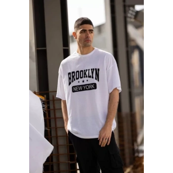 Unisex Bisiklet Yaka Baskılı Oversize Thirt  Beyaz