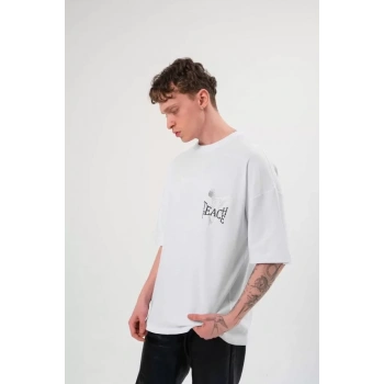Unisex Bisiklet Yaka Baskılı Oversize Thirt  Beyaz
