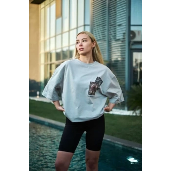 Unisex Bisiklet Yaka Baskılı Oversize Thirt  Boyalı Gri