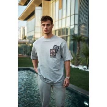 Unisex Bisiklet Yaka Baskılı Oversize Thirt  Boyalı Gri