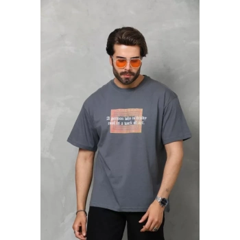 Unisex Bisiklet Yaka Baskılı Oversize Thirt  Füme