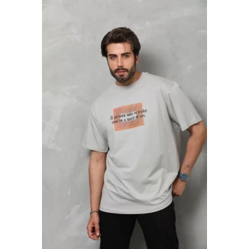 Unisex Bisiklet Yaka Baskılı Oversize Thirt  Gri