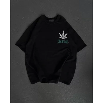 Unisex Bisiklet Yaka Baskılı Oversize Thirt  iyah