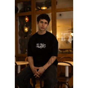 Unisex Bisiklet Yaka Baskılı Oversize Thirt  iyah