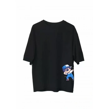 Unisex Bisiklet Yaka Baskılı Oversize Thirt  iyah