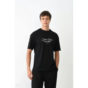 Unisex Bisiklet Yaka Baskılı Oversize Thirt  iyah