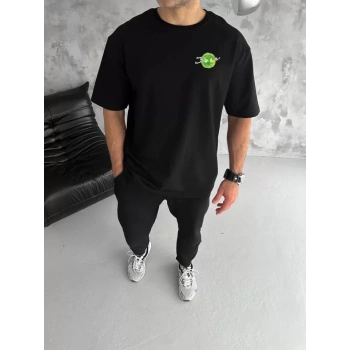 Unisex Bisiklet Yaka Baskılı Oversize Thirt  iyah