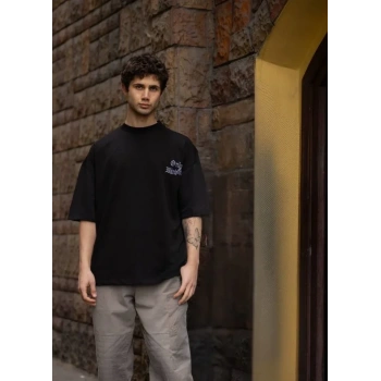 Unisex Bisiklet Yaka Baskılı Oversize Thirt  iyah