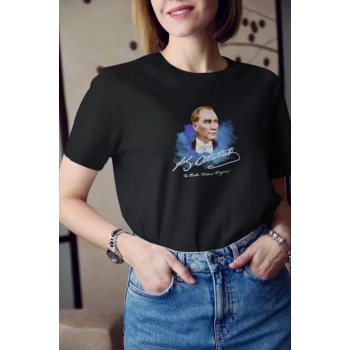 Unisex Bisiklet Yaka Baskılı Oversize Thirt  iyah