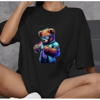 Unisex Bisiklet Yaka Baskılı Oversize Thirt  iyah