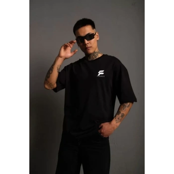 Unisex Bisiklet Yaka Baskılı Oversize Thirt  iyah