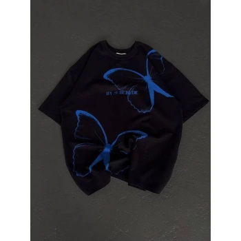 Unisex Bisiklet Yaka Baskılı Oversize Thirt  iyah