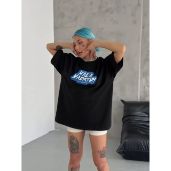 Unisex Bisiklet Yaka Baskılı Oversize Thirt  iyah