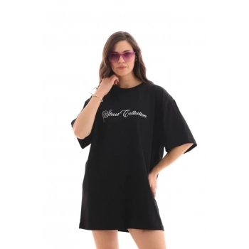 Unisex Bisiklet Yaka Baskılı Oversize Thirt  iyah