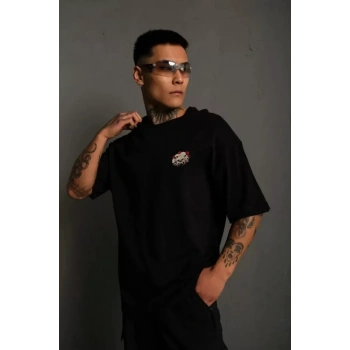 Unisex Bisiklet Yaka Baskılı Oversize Thirt  iyah