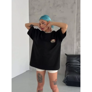 Unisex Bisiklet Yaka Baskılı Oversize Thirt  iyah