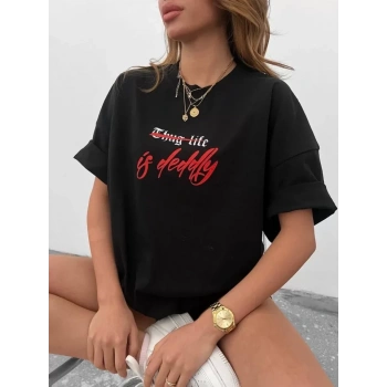 Unisex Bisiklet Yaka Baskılı Oversize Thirt  iyah