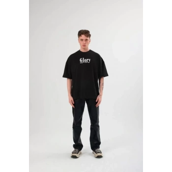 Unisex Bisiklet Yaka Baskılı Oversize Thirt  iyah