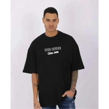 Unisex Bisiklet Yaka Baskılı Oversize Thirt  iyah