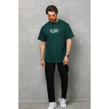 Unisex Bisiklet Yaka Baskılı Oversize Thirt  Yeşil