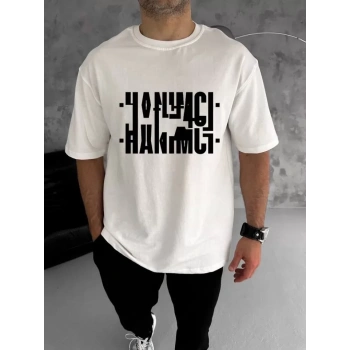 Unisex Bisiklet Yaka Katlanan Baskılı Thirt  Beyaz