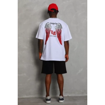 Unisex Oversize Baskılı Bisiklet Yaka Thirt  Beyaz