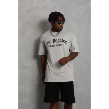 Unisex Oversize Baskılı Bisiklet Yaka Thirt  Gri