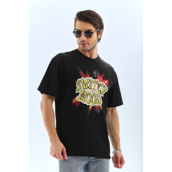 Unisex Oversize Baskılı Bisiklet Yaka Thirt  iyah